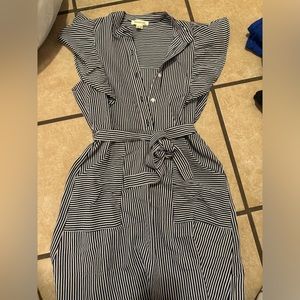 Navy Blue & White Striped Button-Up Dress